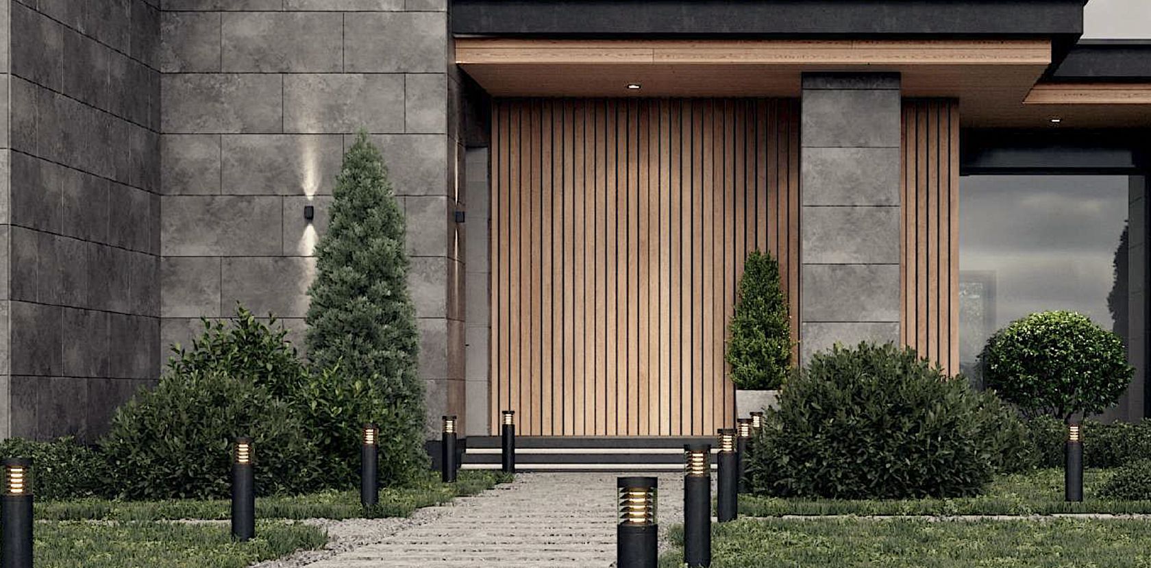 Rivestimento in fibra di legno presso un ingresso moderno